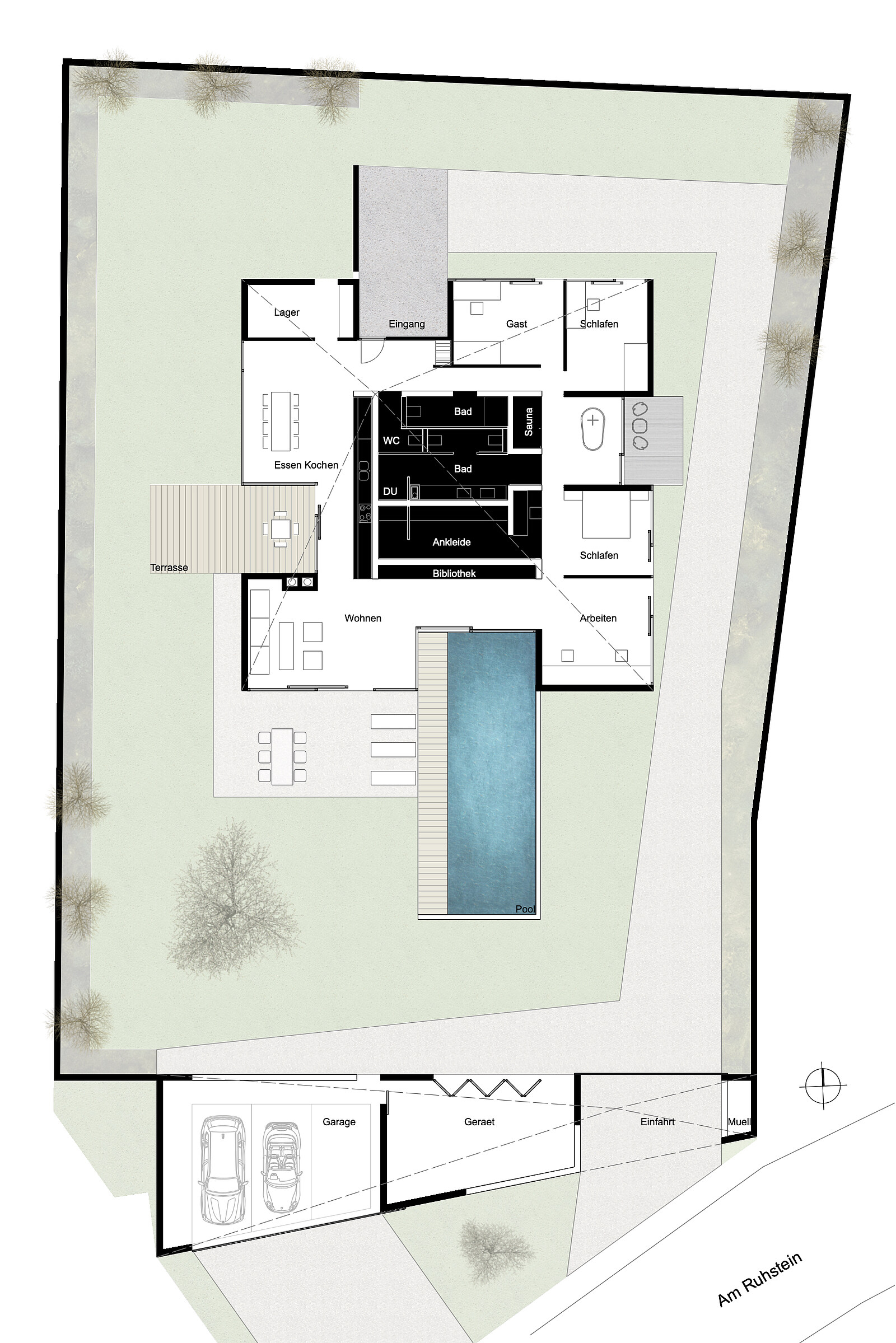Grundriss Bungalow Carport Garten Pool Architektur Landschaftsarchitektur 